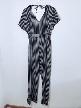 Indulge Medium jumpsuit Black White Short Sleeve Stripe Career Romper Whimsy